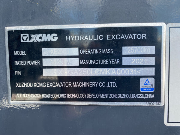 2021 XCMG XE250CU Hydraulic Excavator (factory label seal)